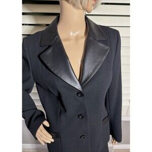 Dana Buchman 100% Wool Black Skirt Suit Leather Trim 2 Pc Blazer Set